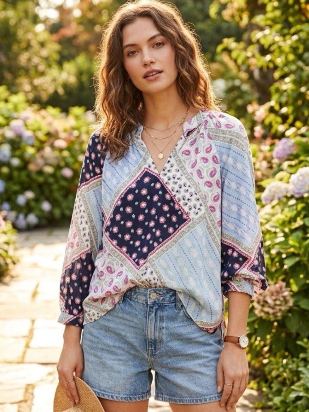 LOFT Linen-Blend Patchwork V-Neck Boho
Blouse Peasant Top Size Cottagecore XS